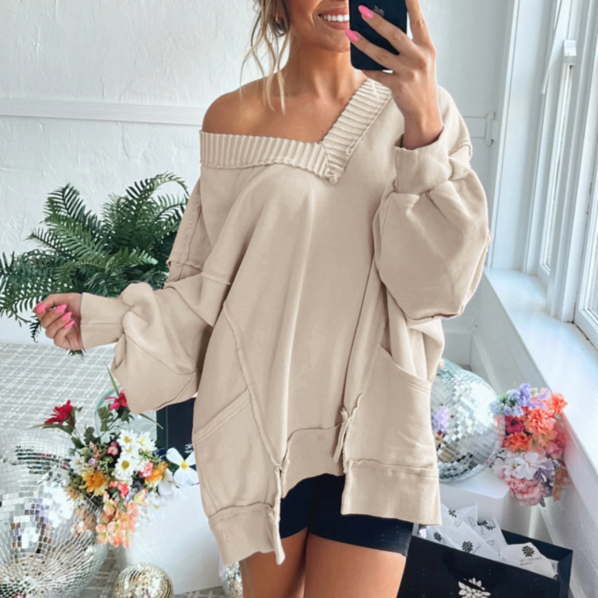 hot Free shipping designer hoodie for women Lantern sleeves loose V neck irregular hem design long sleeved hoodie