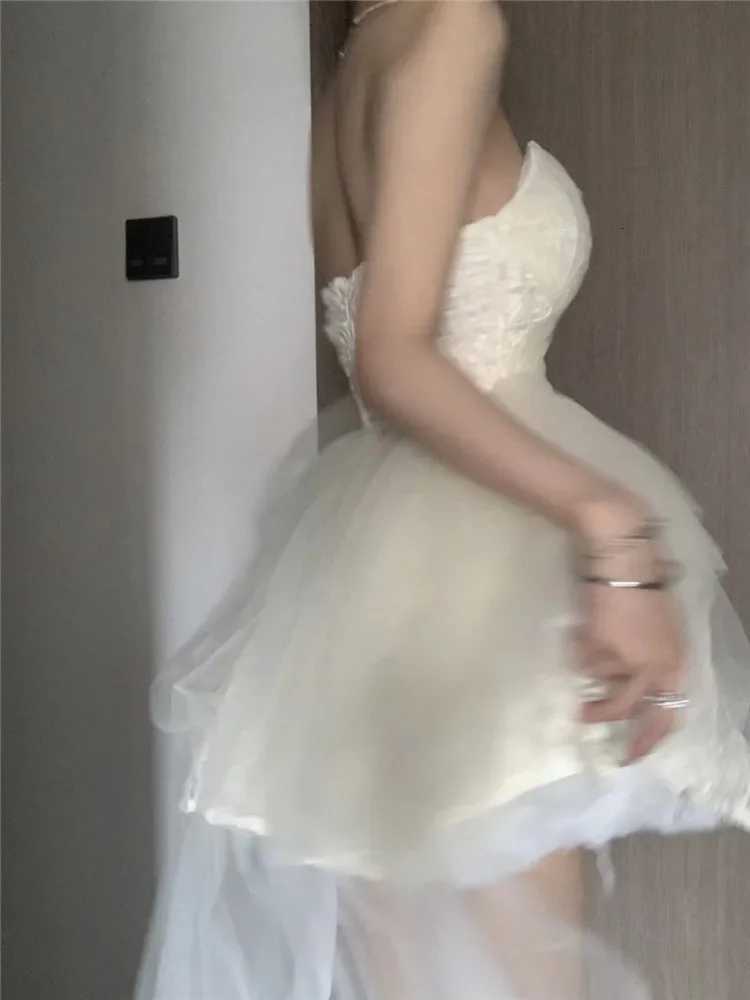Korean Style White Party Dresses Women Mesh Lace Slash Neck Strapless Puffy Layered Mini Elegant Ladies Backless Dress R250716