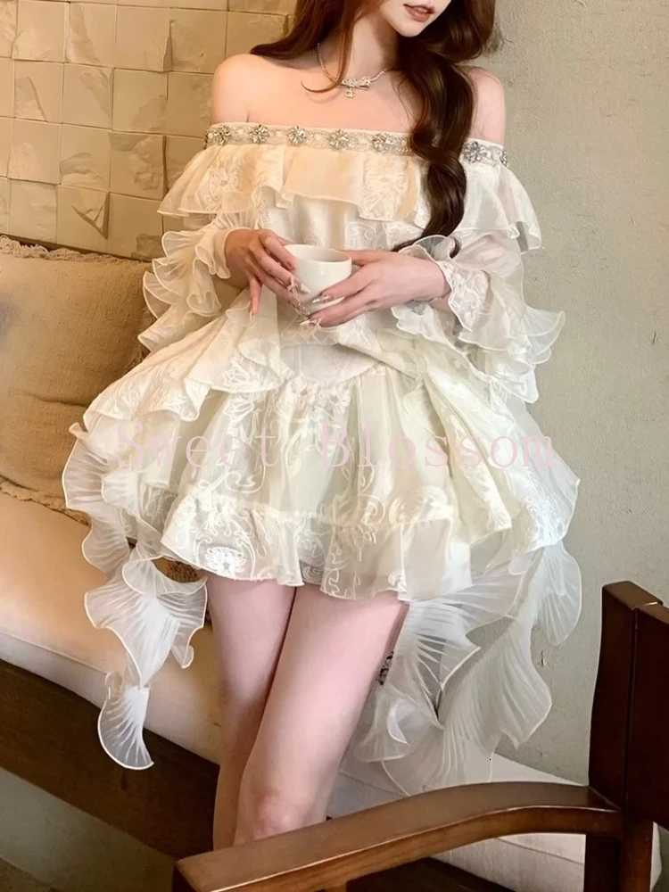 Summer French Elegant Sweet 2 Piece Set Women One Off Shoulder Tops + Fluffy Skirt New Irregular Slim Fashion Fairy Party Suit R250716