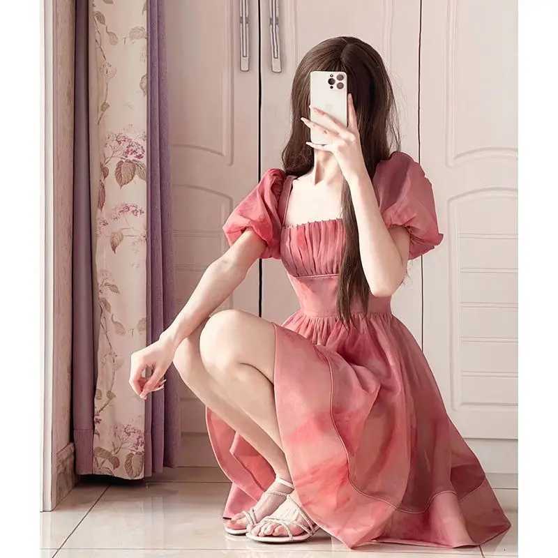 Square Neck Puff Sleeve Waist Dress for Womens Summer New Style Petite Slimming Tea Party Princess Short Dress R250716