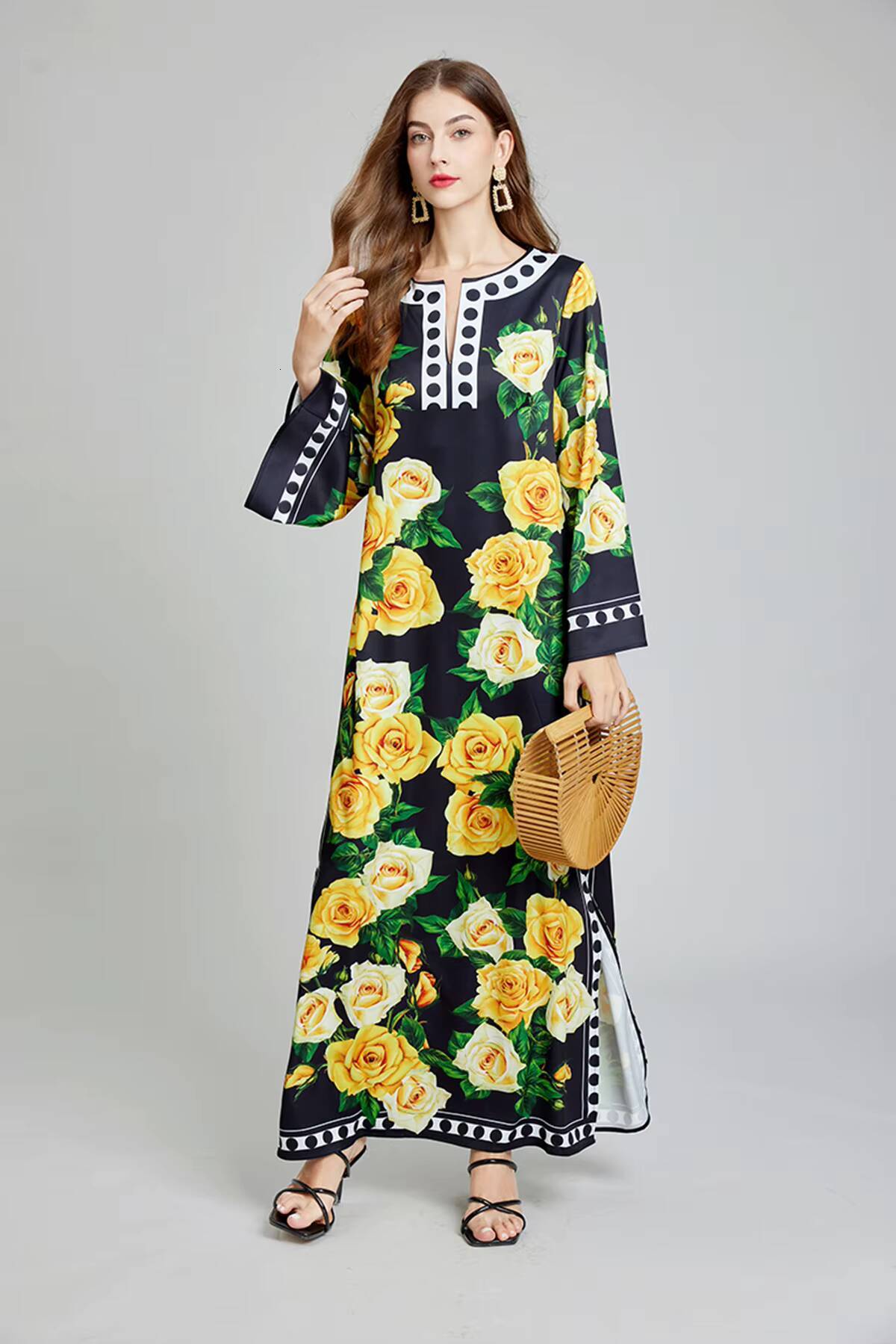 Summer Bohomian Loose Maxi Dress Runway Womens O-Neck Batwing Sleeve Yellow Rose Print Oversize Split Robe Long Vestidos 613 dongdumaoyi