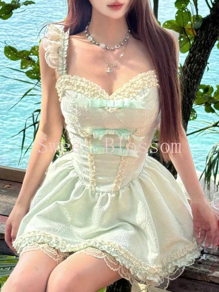 2025 Spring Summer Sweet Green Floral Lace Suspender Dress Women French Chic Fairy Slim Y2K Dresses New Fashion Elegant Clothing R250716