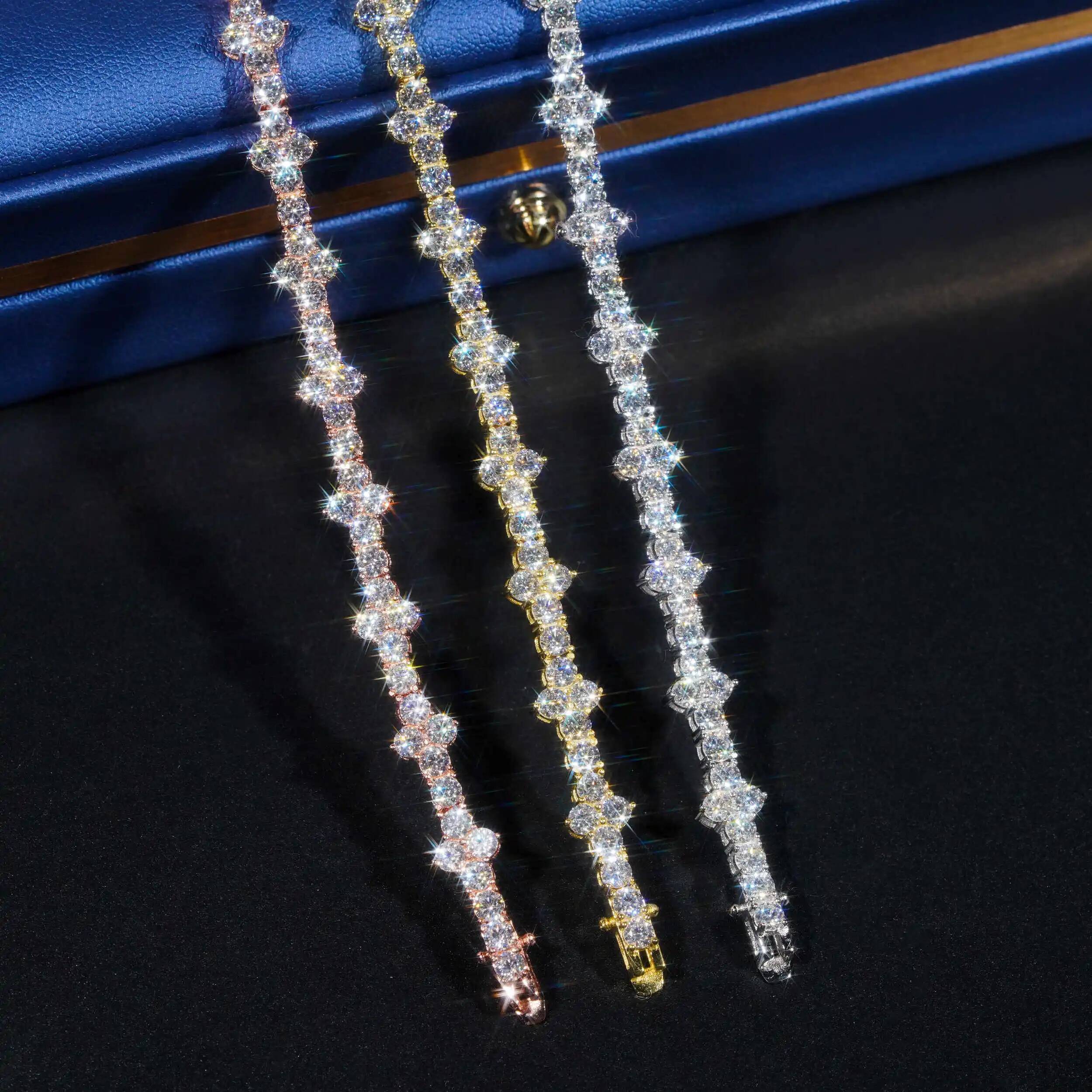 3/4mm Moissanite Jewelry Plum Blossom Tennis Chain Bracelet Hip Hop Single Row Stone Necklace 925 Silver with GRA Certificate