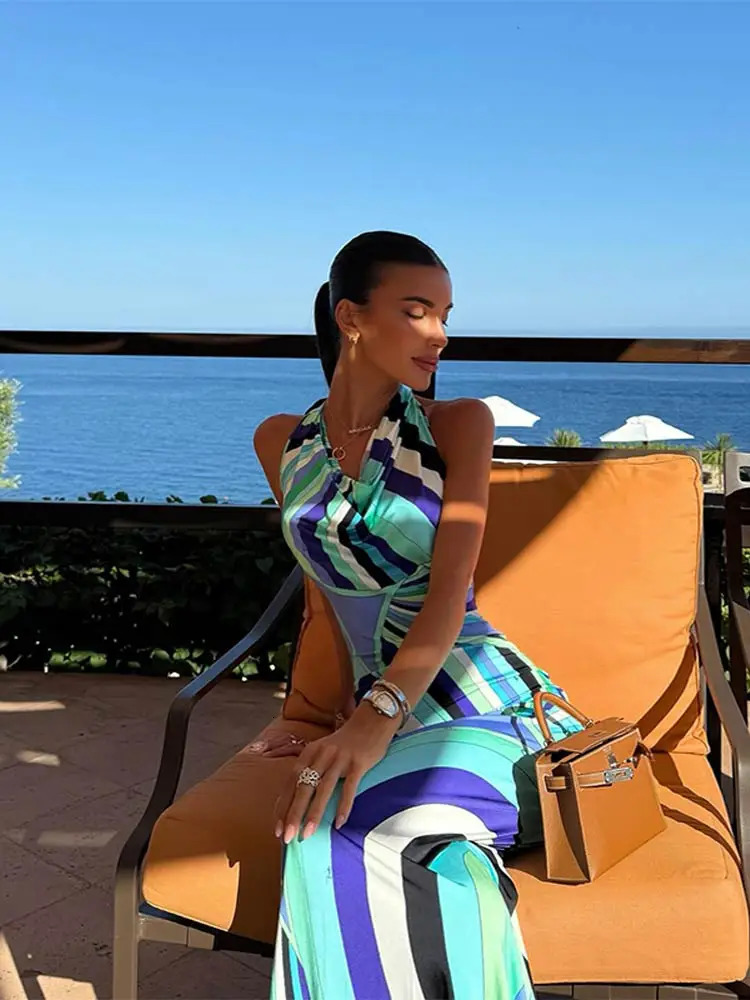 Stain Print Halter Beach Dress Women Sleeveless Backless Fitted Sexy Maxi Summer Resortwear Holiday Elegant Seaside Vestido 250716