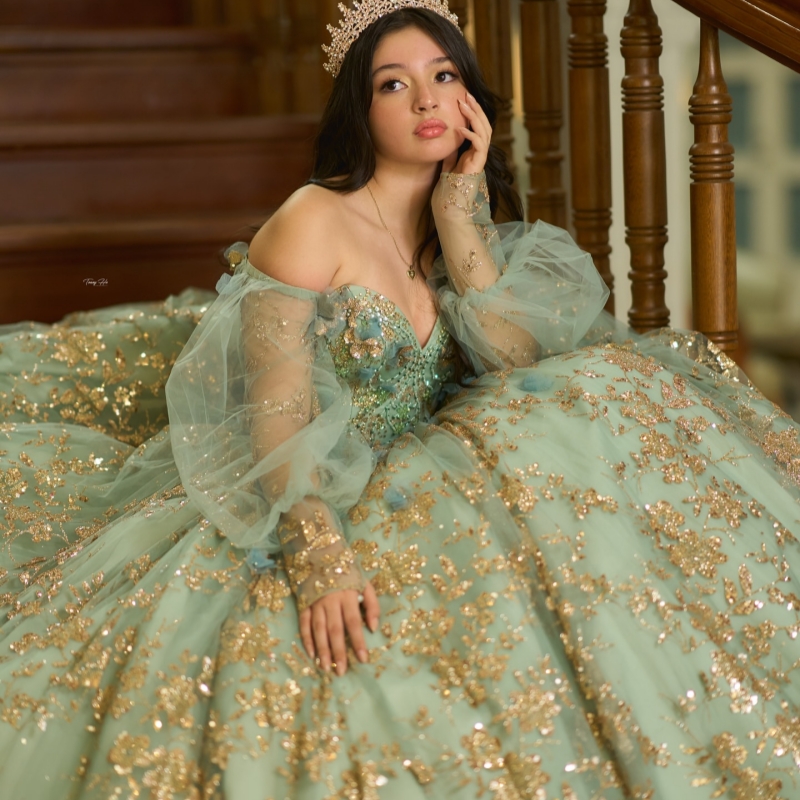 Sage Green Shiny Quinceanera Dresses Ball Gown Off The Shoulder Gold Applique Lace Beading Tull Corset Party Birthday Sweet 16 Dress Vestidos 15 Anos
