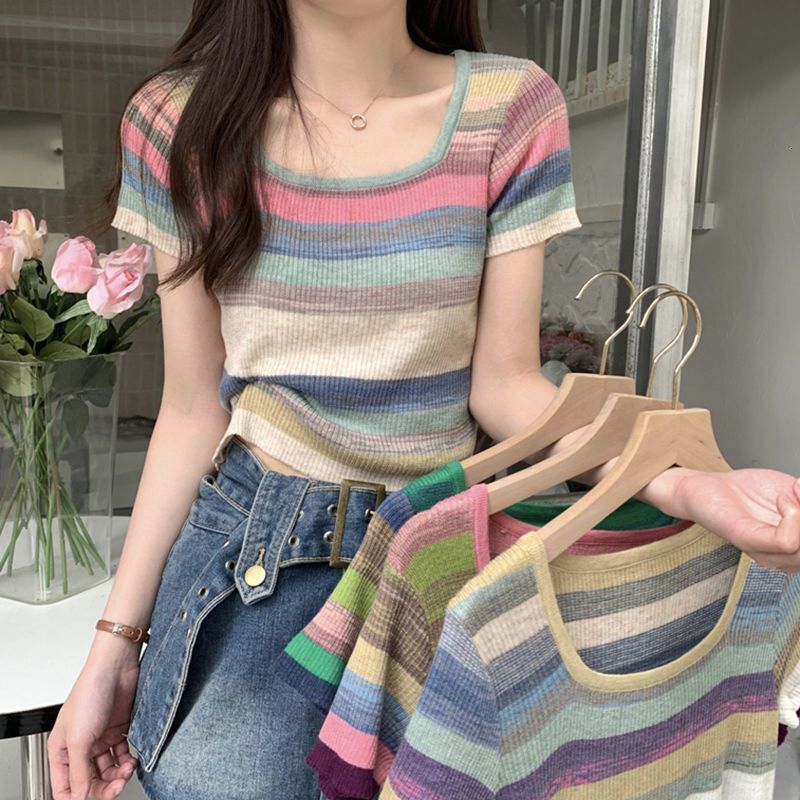 Summer New Women S T Shirt Rainbow Striped Square Neck Regular Shoulder Knit Short Sleeve For Thin Design Sense Pure Desire Sweet Spicy Top Ins Design
