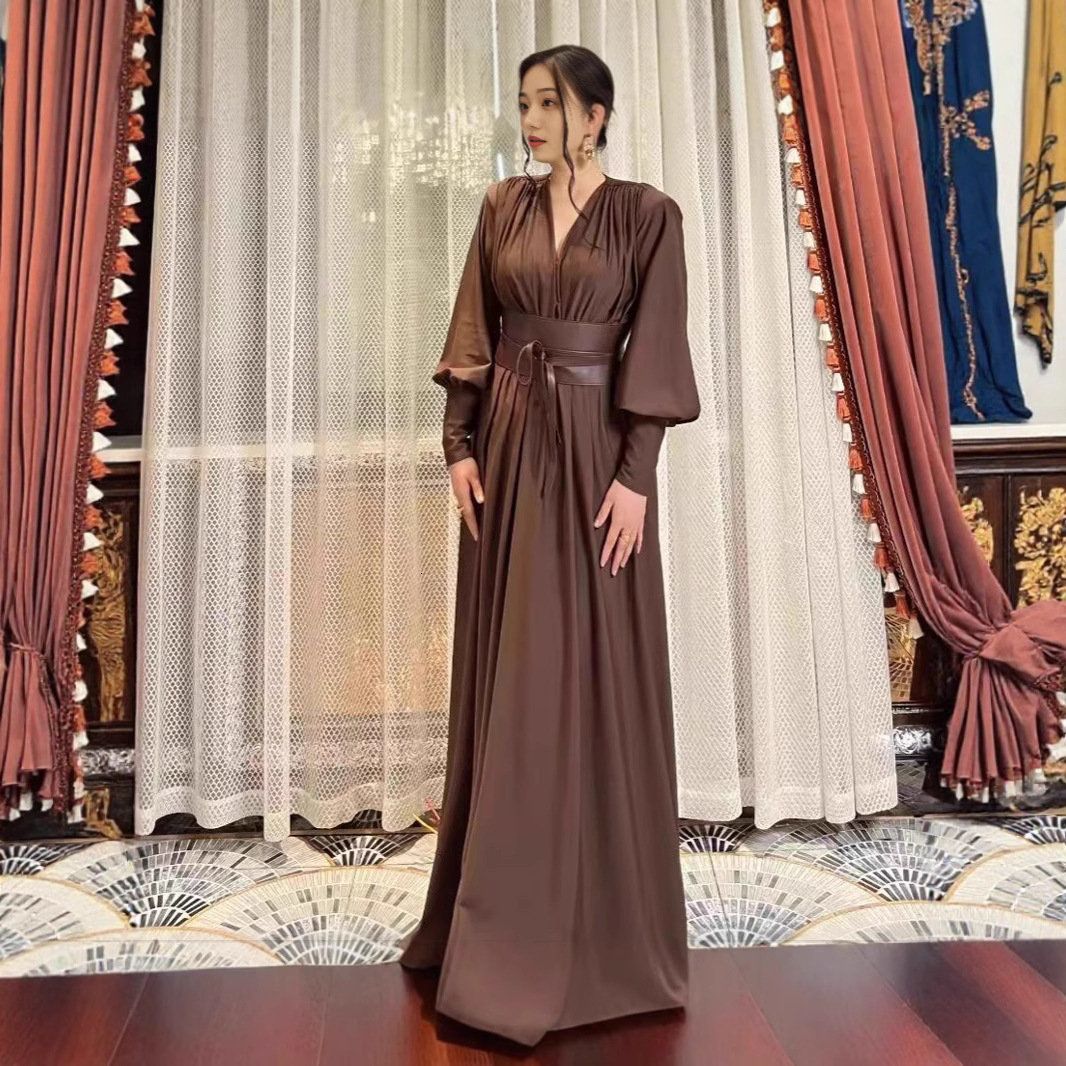 2025 European and American Style Women's New French Retro Design V-Neck Waist-Cinching Long Sleeve Dress