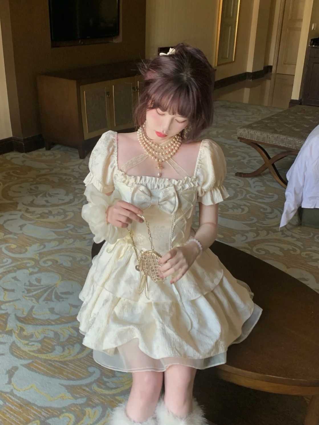 Summer New French Sweet Fairy One Piece Dress College Style Square Neck Bow A-Line Short Dress Women Elegant Party Clothes R250716