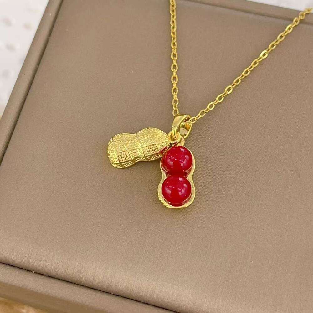 Golden Fashion Simple Niche Elegant Exquisite Red Peanut Pendant Necklace Collarbone Chain For Women E1e