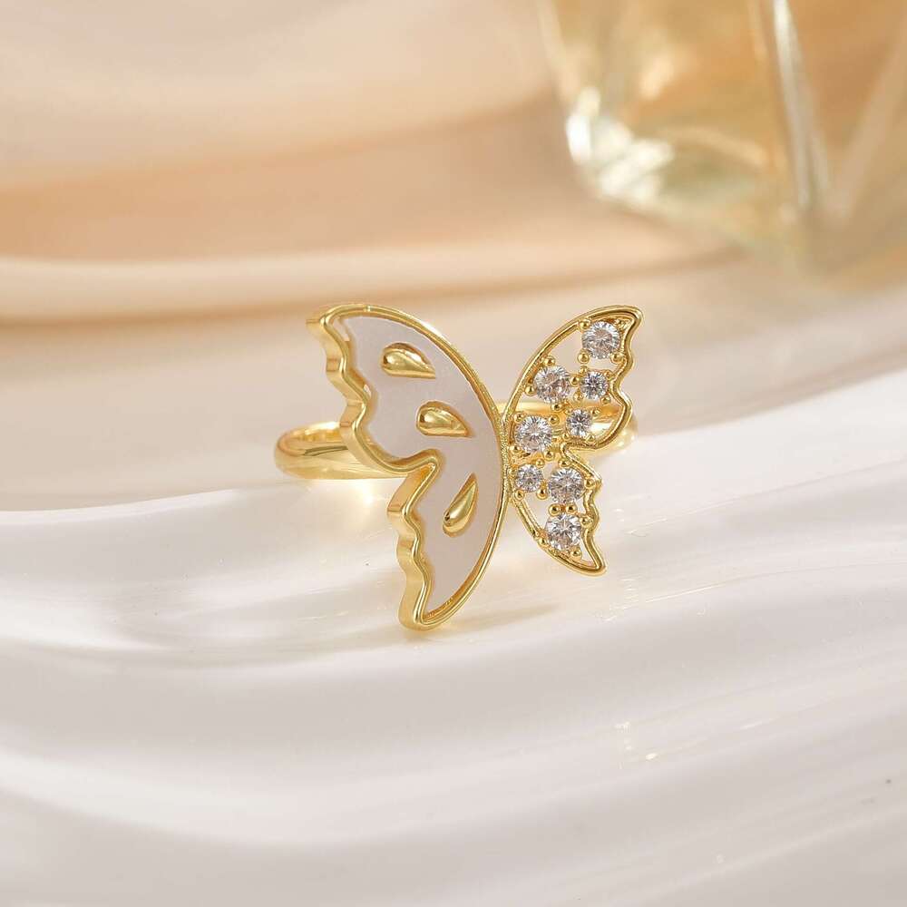 Fashion Versatile Copper Gold-Plated Butterfly Design Ring For Women With Micro-Paved Zircon, Light Luxury Niche High-End Jewelry 7Ac
