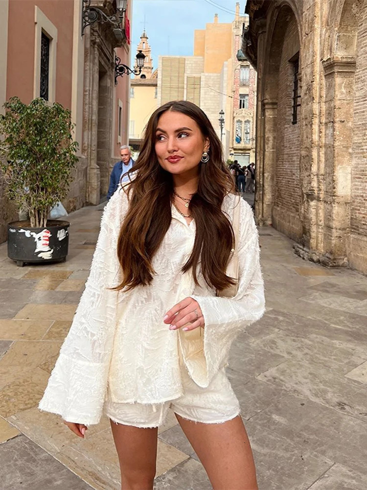 Loose 2 Piece Sets Women Outfit Casual V-neck Long Sleeve Shirt With High Waist Feathers Shorts Set 2025 Elegant Streetwear 250715