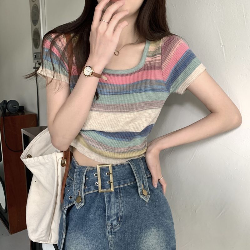 Summer New Women S T Shirt Rainbow Striped Square Neck Regular Shoulder Knit Short Sleeve For Thin Design Sense Pure Desire Sweet Spicy Top Ins Design