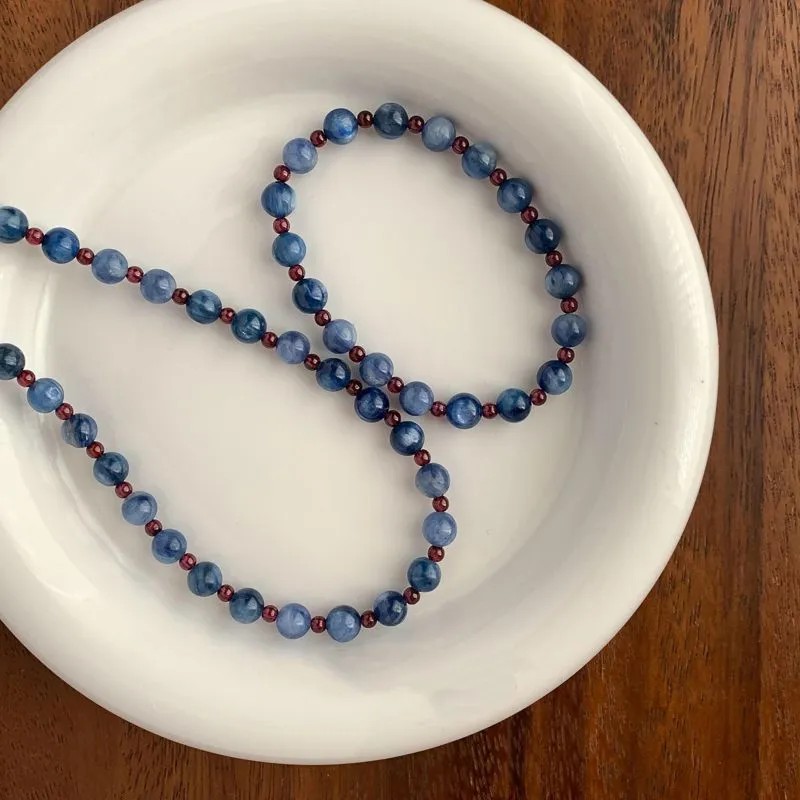 New Chinese Style S925 Sterling Silver Natural Blue Kyanite Beaded Necklace, Garnet Crystal Clavicle Chain, Oriental - style Jewelry