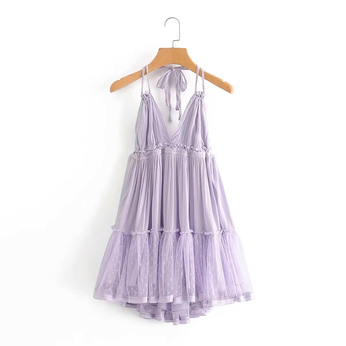 BOHO Women Lacing Up Bow Halter Collar Wood ears Patchwork Mesh Pleated Mini Dress Swing Hem Backless Holiday Robe dongdumaoyi