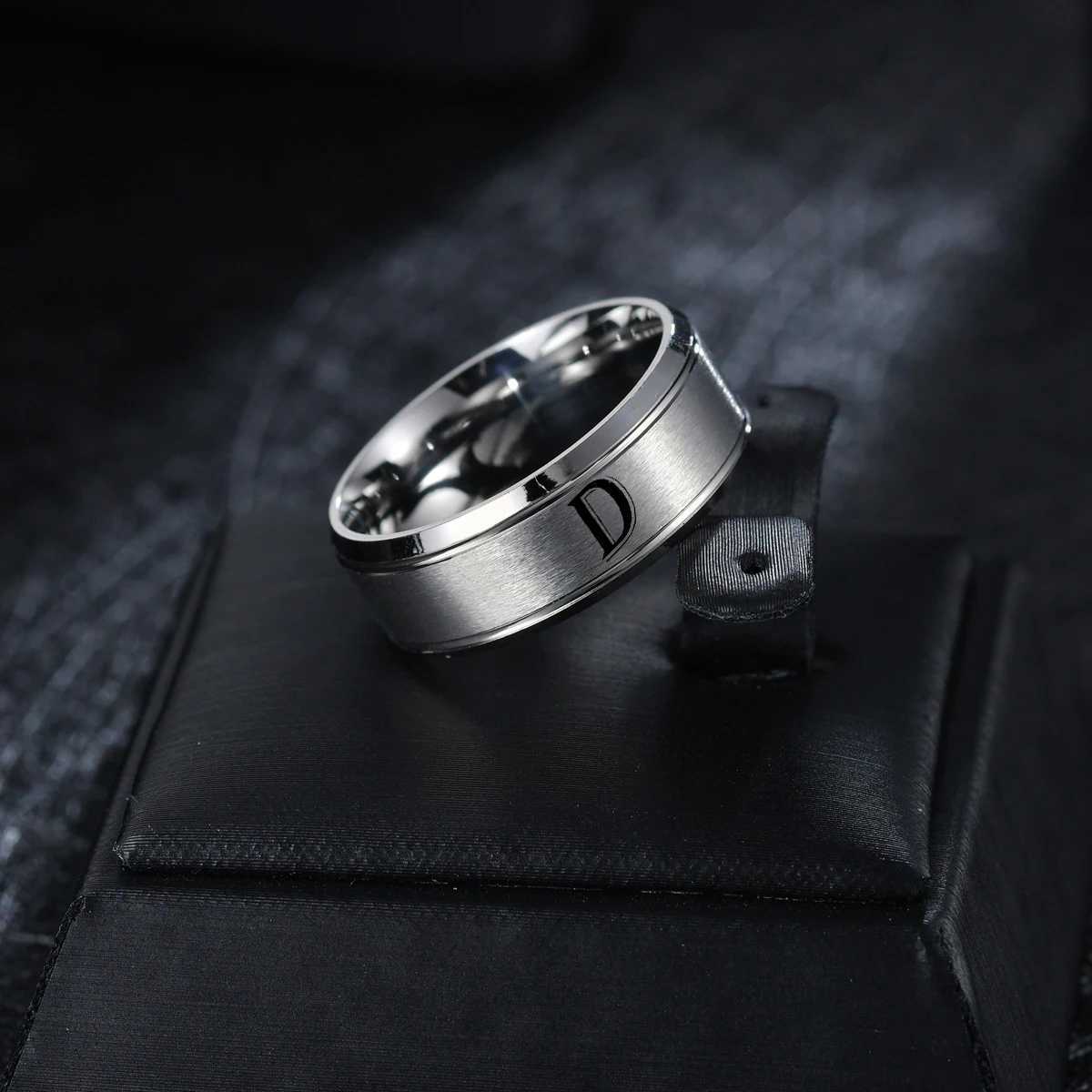 1 pc of fashionable 26 English letter ring double beveled frosted double line mens stainless steel ring S250716