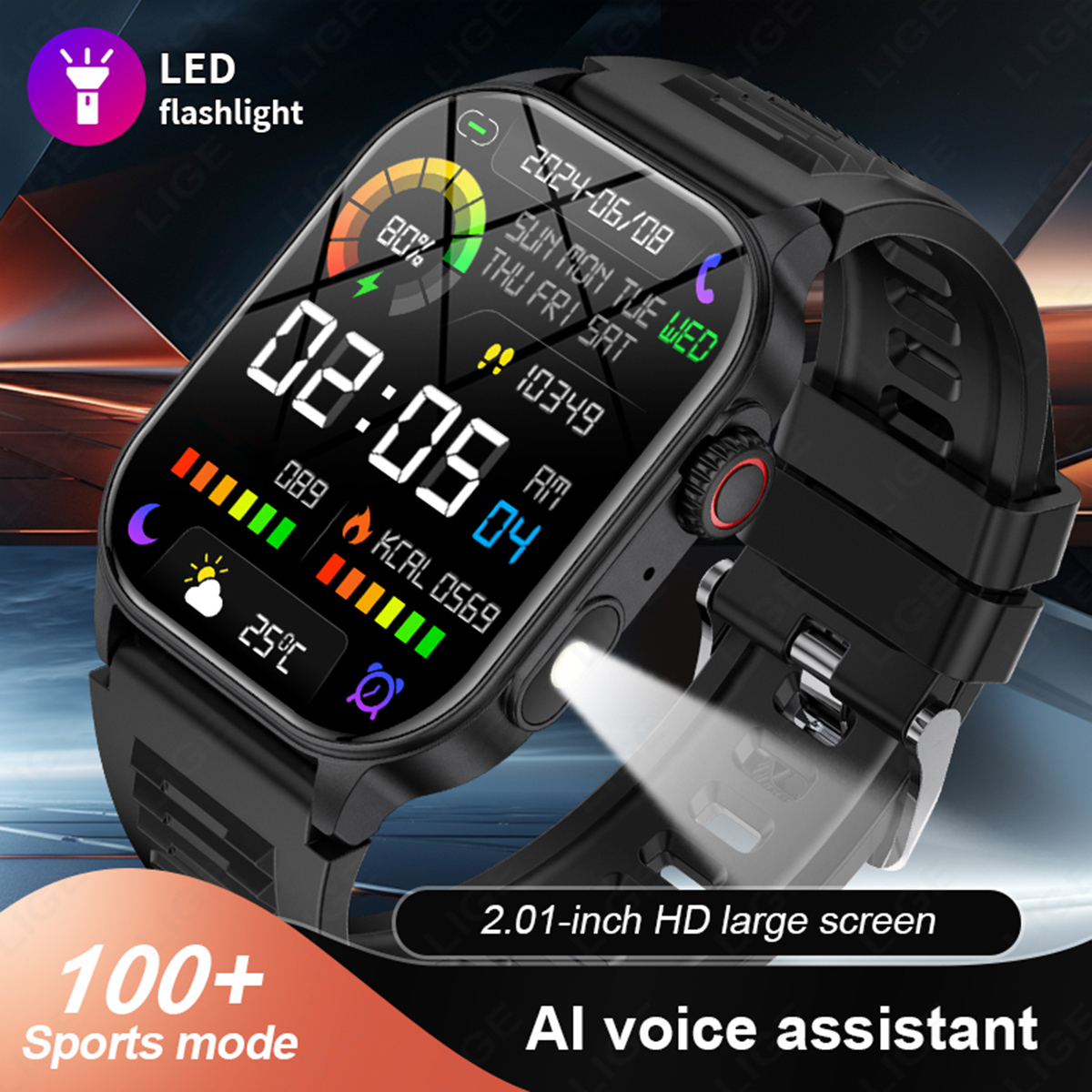 LIGE universal smartwatch features wireless communication, multiple sports modes, multi-language display, step counting and heart rate monitoring IP68