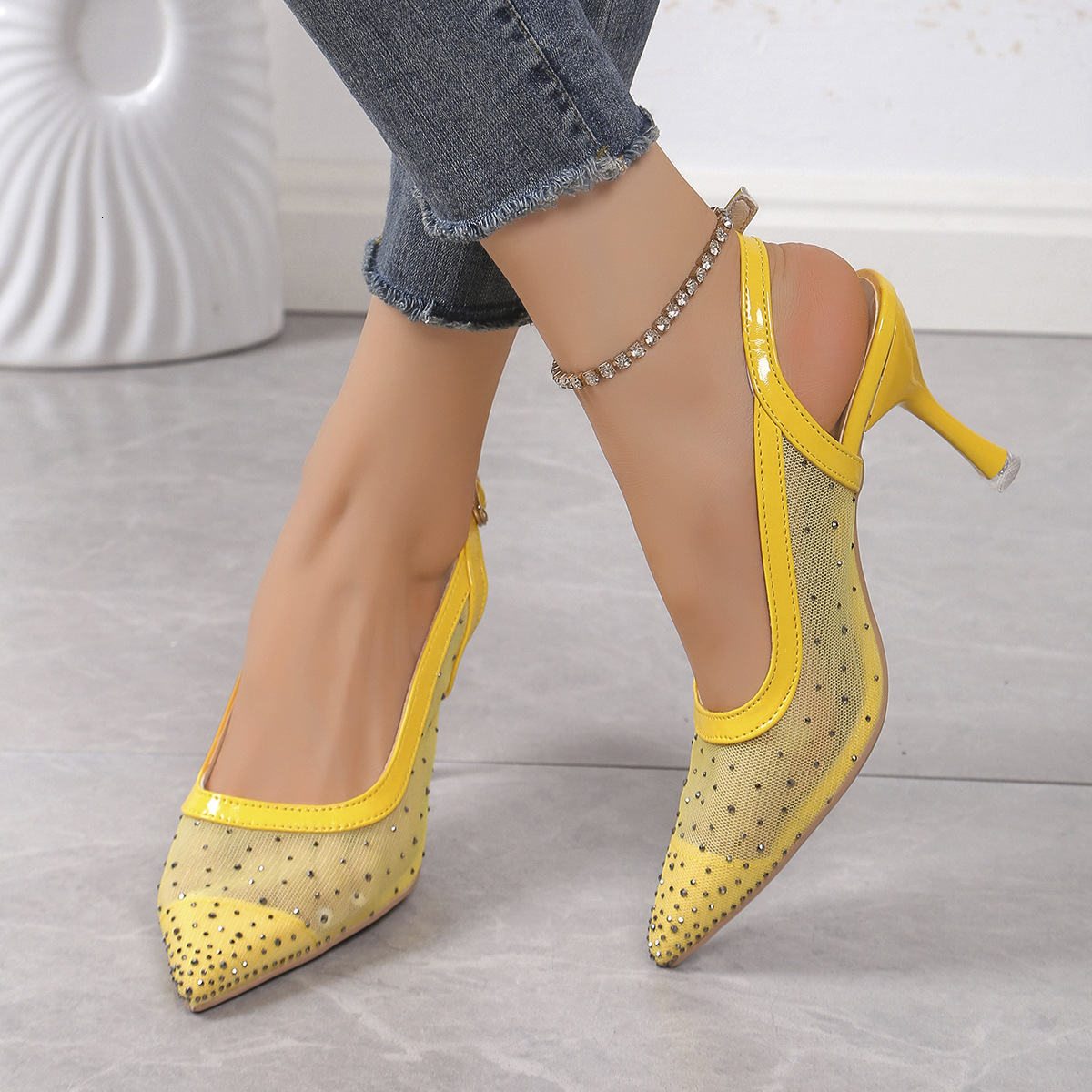 Designer sandals Pointed Toe Sandals 2025 Summer New Rhinestone Mesh Backless Thin Heel High Heels for Women