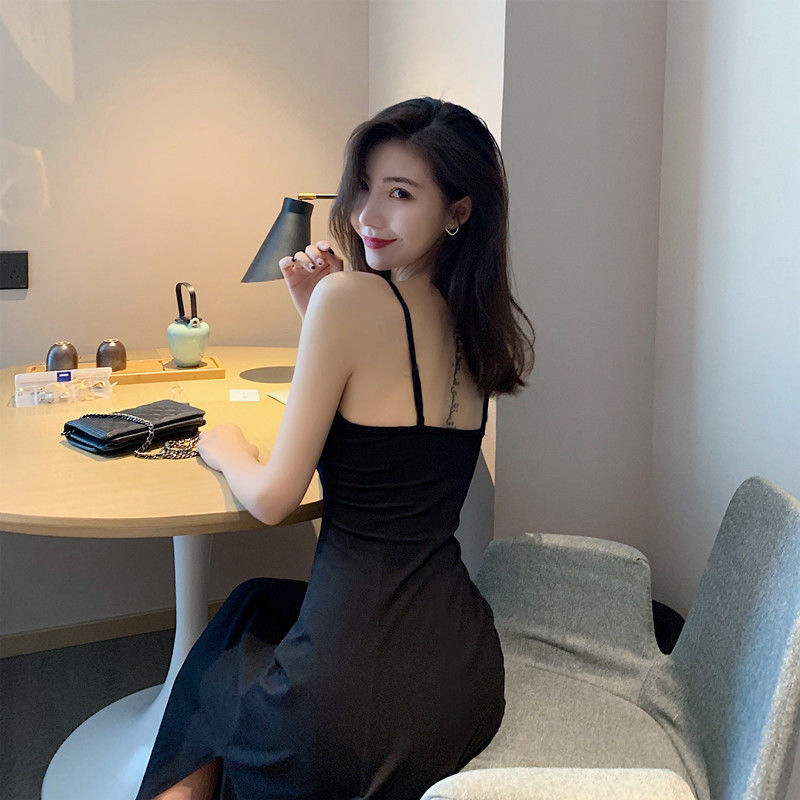 2025 Spaghetti Strap Little Black Dress Sexy Gentle V-neck Base Shirt Retro Long Side Slit Sleeveless Women's Clothing
