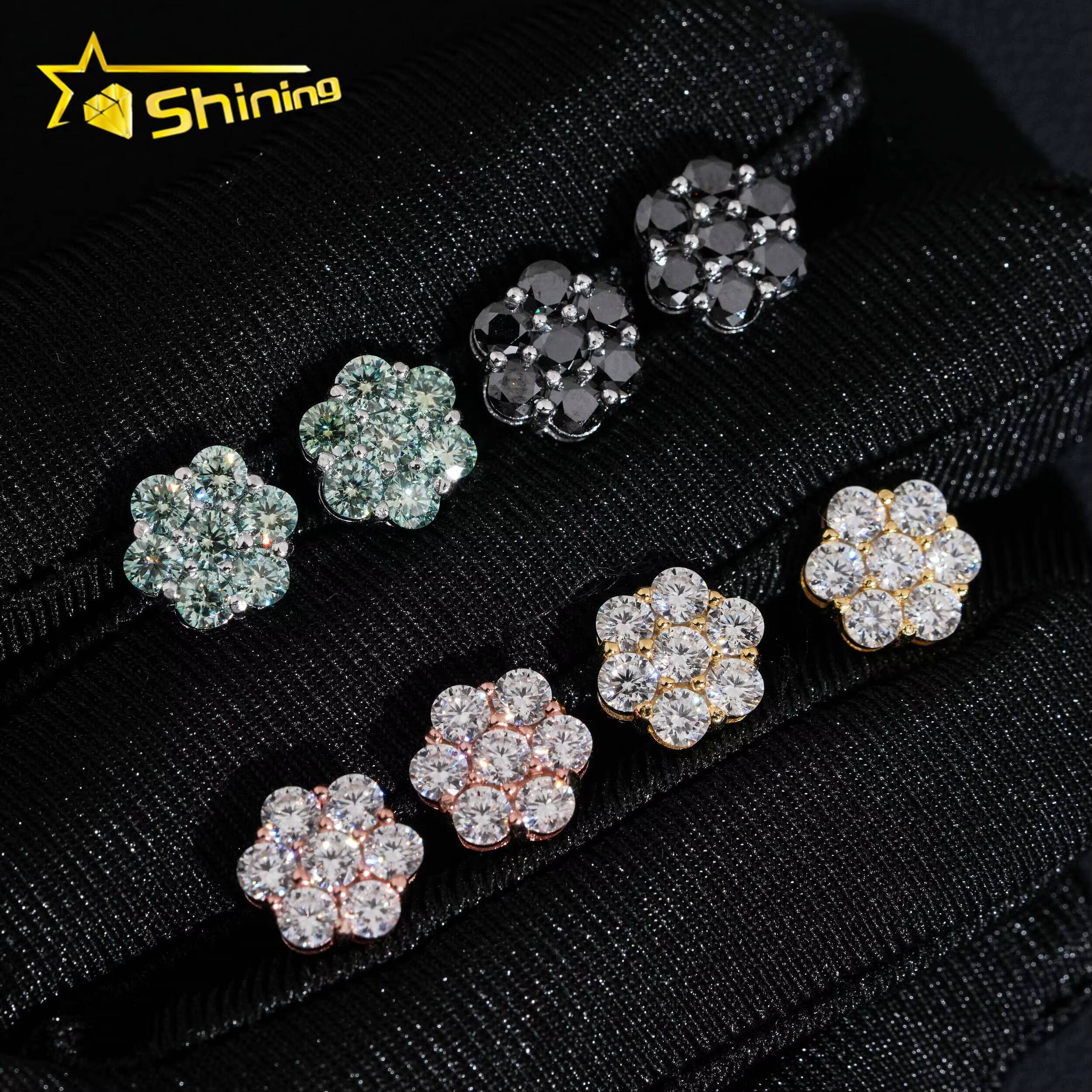 Ready to Ship Stock Drop Shipping Mens Iced Out Hip Hop Sterling Silver 925 Screw Back Moissanite Flower Cluster Stud Earrings
