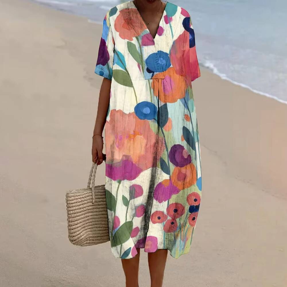 A-line Casual Daily linen womens luxury print Cotton Short Sleeve V Neck Bohe Mini Dresses Loose Fit Beach hawaiian dress dongdumaoyi