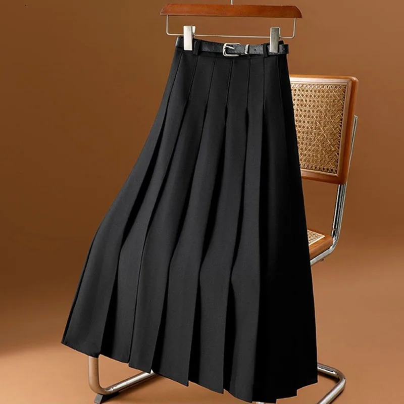 Lucyever All-Match Pleated Skirts Women Autumn Winter High Waist A-Line Folds Skirts Female Korean Fashion with Belt Midi Skirts 250715