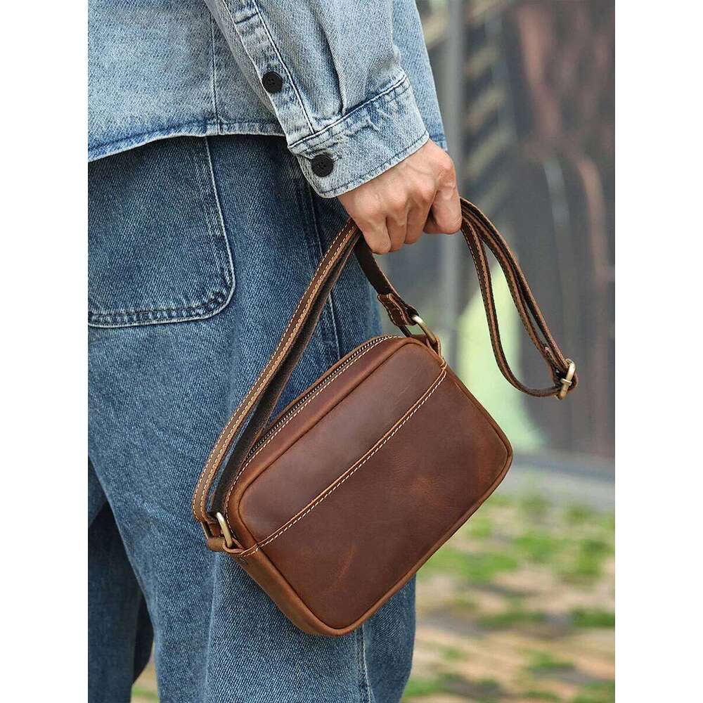 Crazy Horse Messenger Men's Leather Shoulder Mobile Phone Sling Bags For Men Woman Cross Body Bag