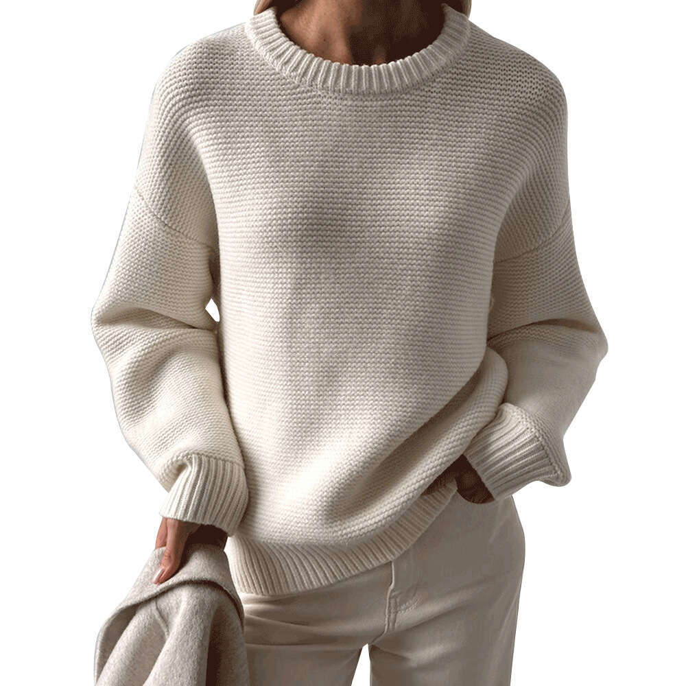 Knitted Autumn Winter New Style Elegant Simple Lazy Pullover Pure White Round Neck Sweater B5