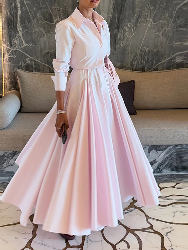 Womens Casual Pink Pleated Long Dress With Belt Fashion Lapel Full Sleeve Button Maxi Dress Lady 2025 Autumn Chic Street Robes 250715