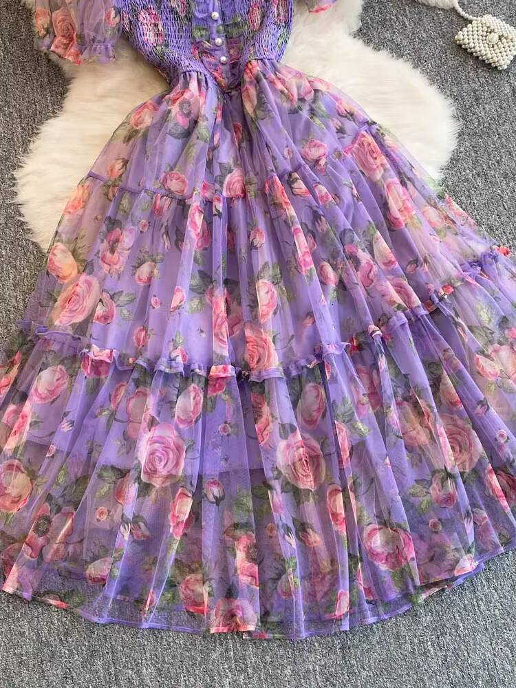 Summer Women Floral Mesh Midi Dress Sweet Square Collar Short Puff Sleeve Ruffle Vestidos Female Elegant Purple/Green/Red Robe dongdumaoyi