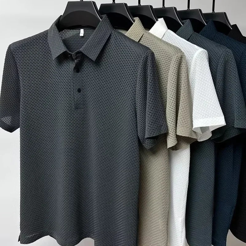 Summer Mens Lop-up Hollow Short-sleeved Polo Shirt Ice Silk Clothes Breathable Business Fashion T-Shirt Male Upto 6XL 250716