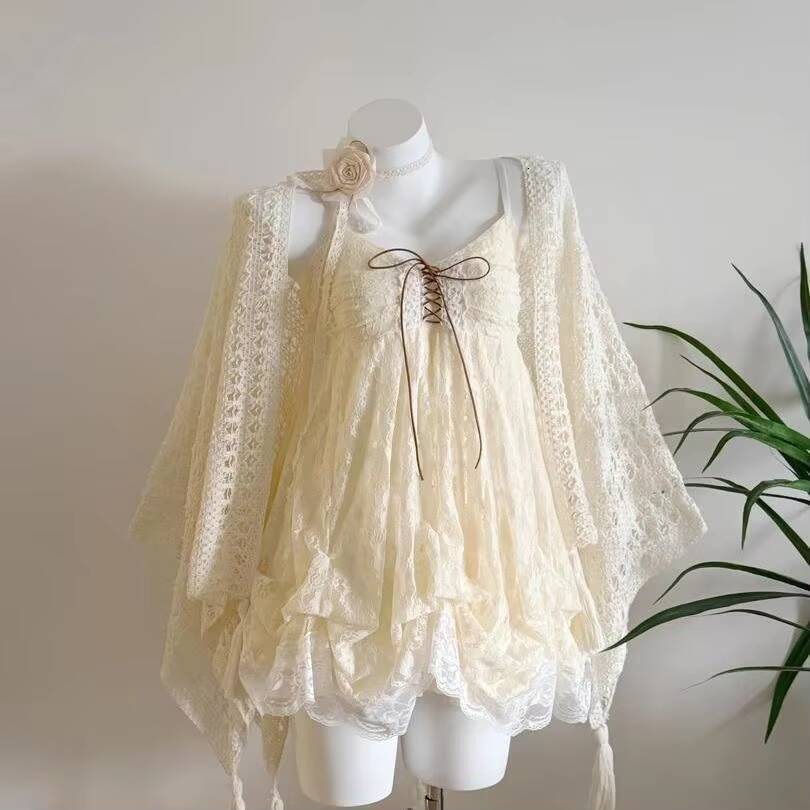 Sweet Vintage Lace Sets Women Casual Y2k Crop Top Cardigan + Party Mini Dress Summer Beach Style Outfits Chic Korean dongdumaoyi