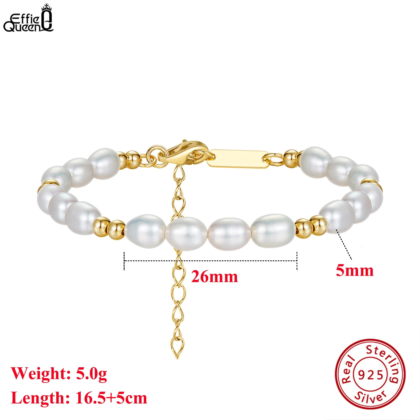 EFFIE QUEEN 14K Gold Beads Chain Bracelet 925 Sterling Silver Cultured freshwater Pearl Bracelet Wedding Jewelry for Women GPB36 250712