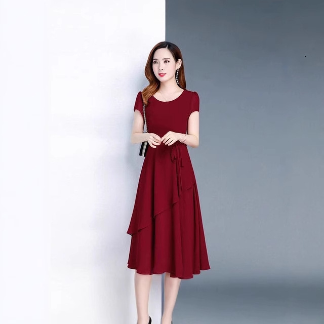 2025 Summer High-End Waist-Cinching Slimming Age-Reducing Slim Fit Elegant Mid-Length A-Line Round Neck Plus Size Loose Women's Dress