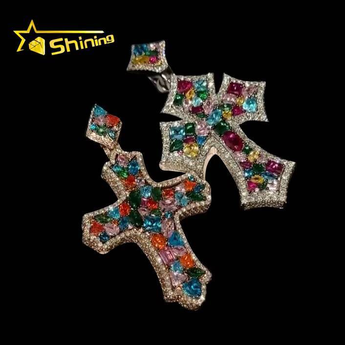 Charm Hip Hop Jewelry 925 Sterling Silver Prong-Set Multi-Gems VVS Moissanite Color Diamond Iced Out Custom Cross Pendants