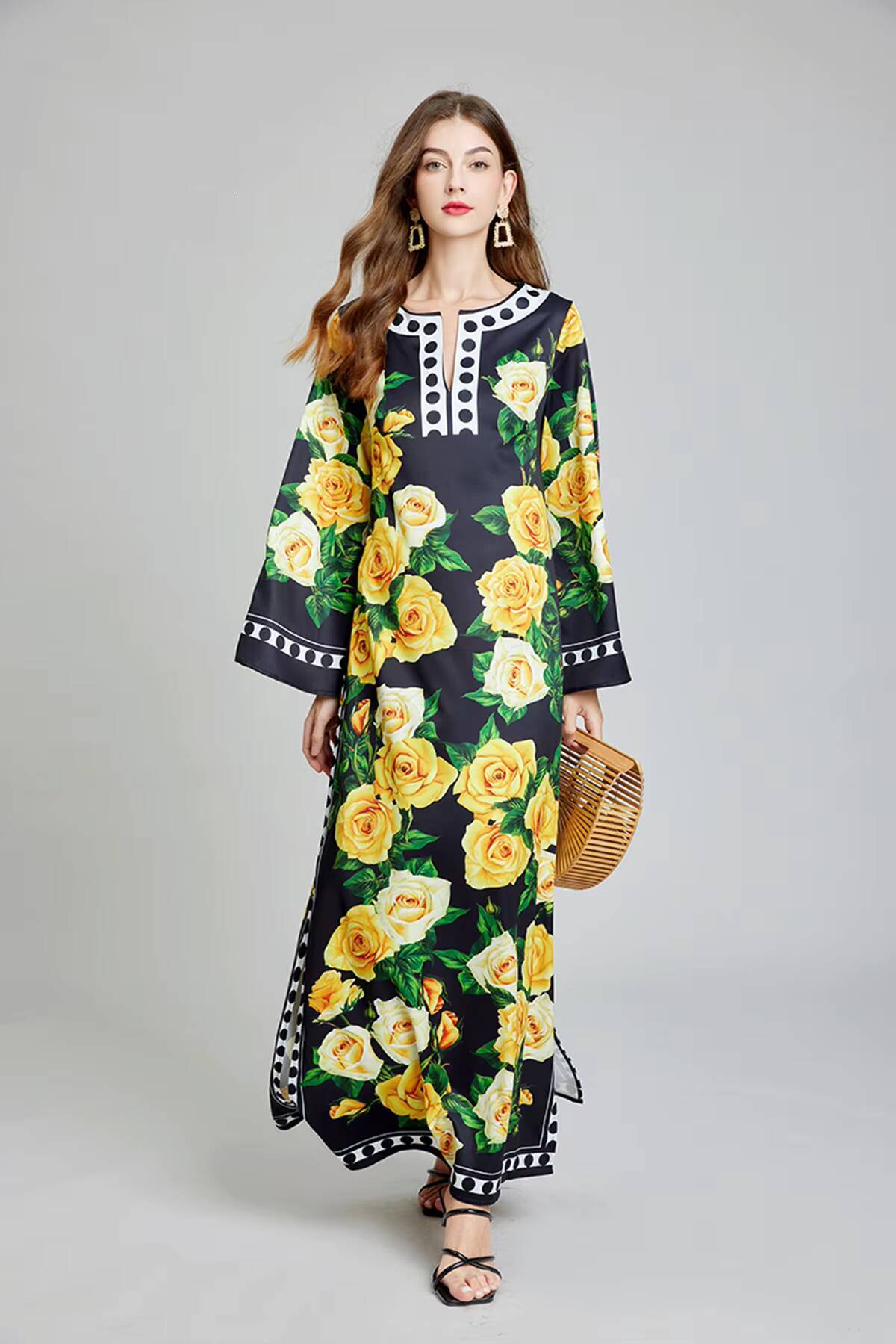 Summer Bohomian Loose Maxi Dress Runway Womens O-Neck Batwing Sleeve Yellow Rose Print Oversize Split Robe Long Vestidos 613 dongdumaoyi