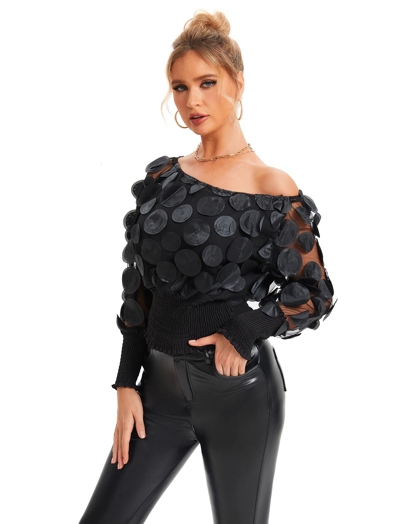 Applique Slant Shoulder Blouse Elegant Long Sleeve Blouse For Spring Fall Womens Clothing 250715