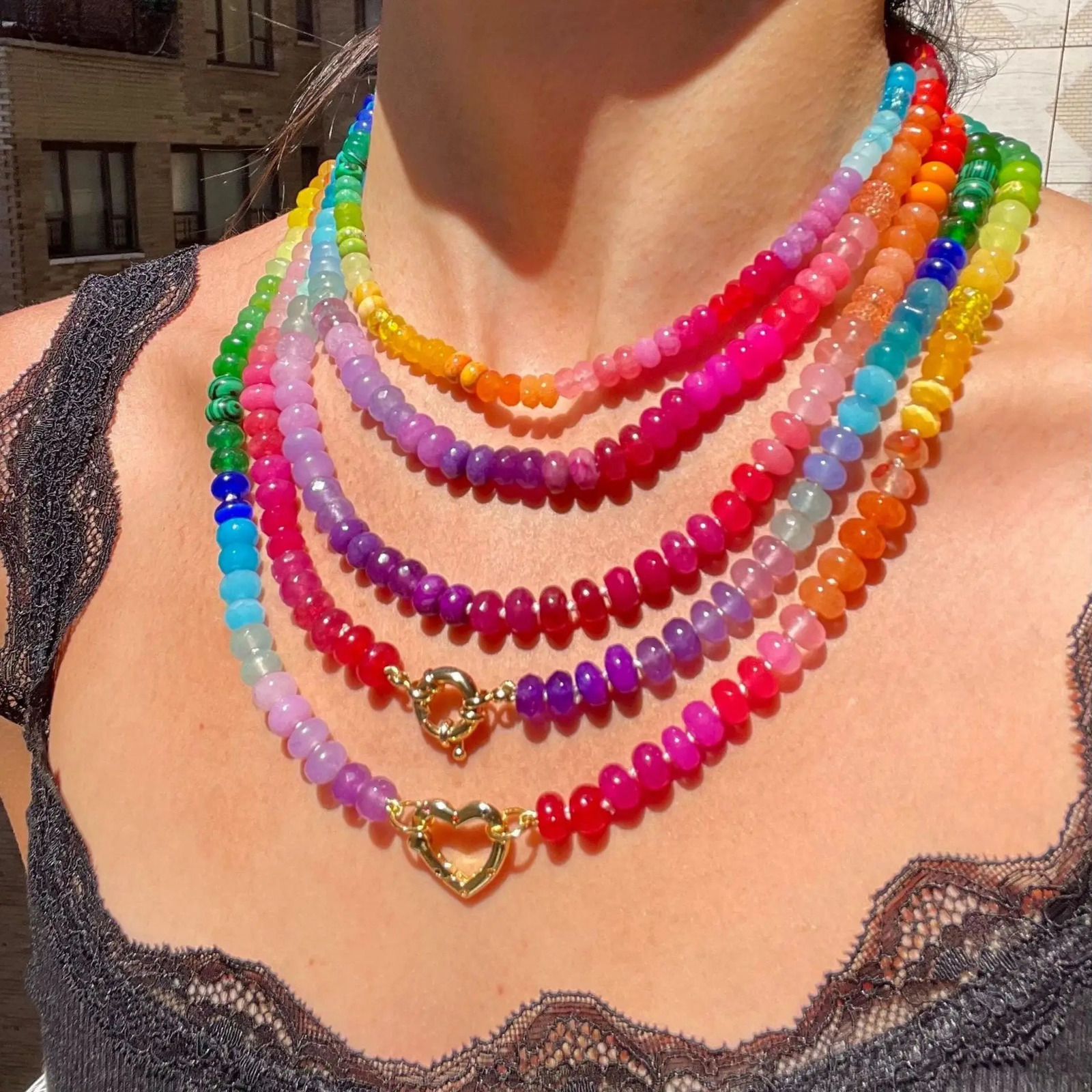 HangZhi Sweet Romantic Dopamine Colorful DIY Natural Stone Bead Necklace Bohemian Stainless Steel Summer Charms Jewelry 250712