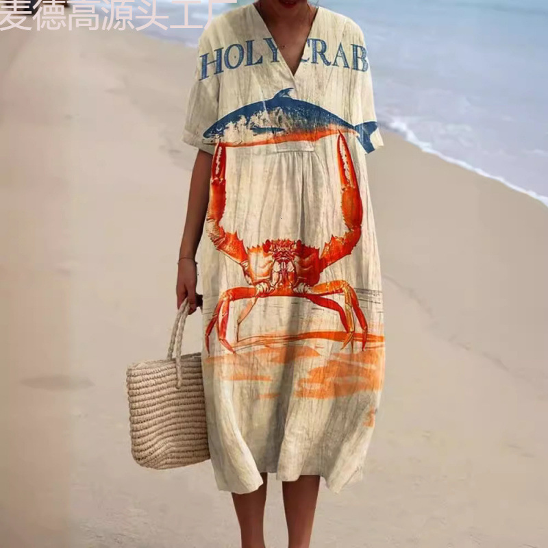 2025 New Plus Size Women's Shirt Pocket Short Sleeve Dress Creative Fish Pattern Vacation Style