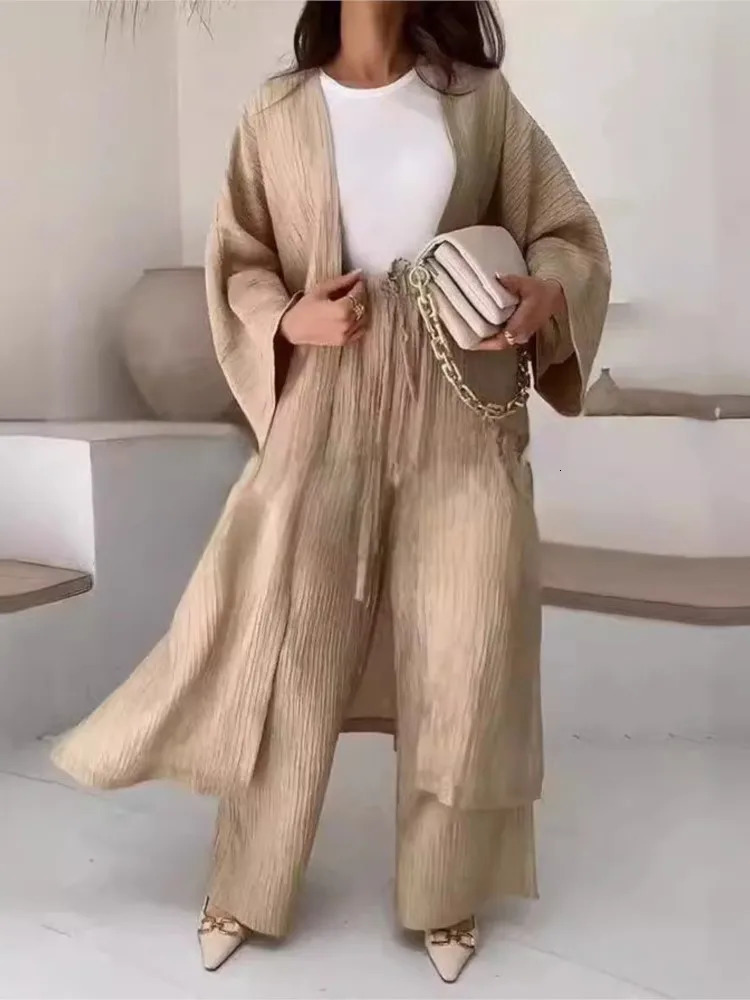 Solid Color Folds Pants Sets Women Loose Long Cardigan Wide Legs Trousers Two Piece Set Fashion Casual Lady Commuting Suits 250715