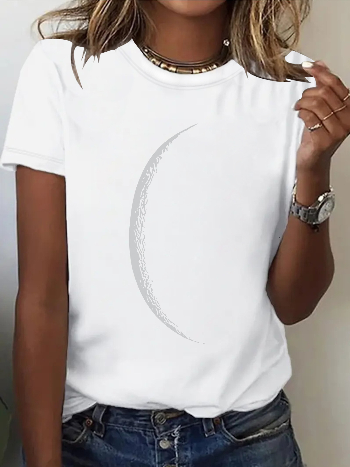 Round Neck Top Women Summer High-end Moon Pattern Print T-shirt Loose Short Sleeve