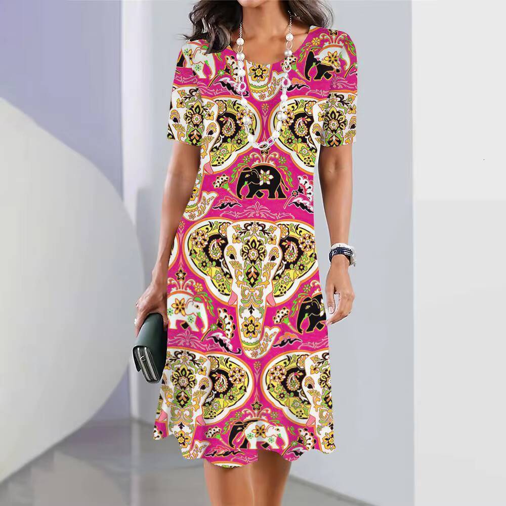 2024 New Elephant Print For Womens Elegant Midi Dresses Summer Female Short Sleeve Dress Fashion Oversized Clothes dongdumaoyi