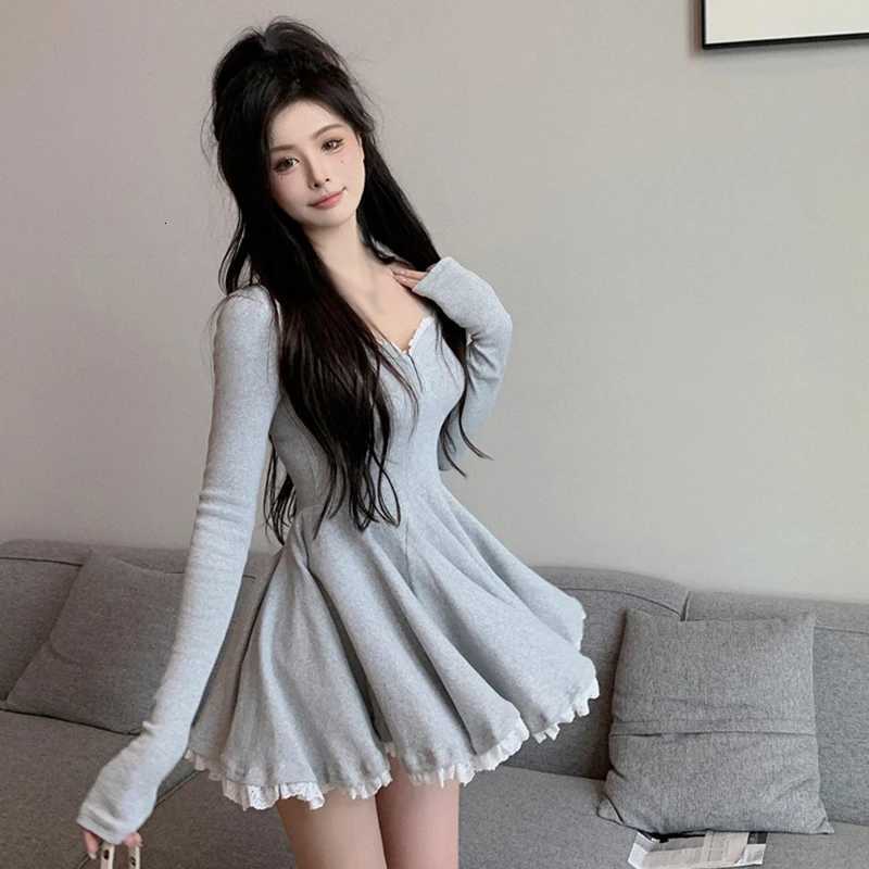 Sexy Korean Dress French Style Closed Waist Long Sleeve Collarbone Exposed Sweet R250716