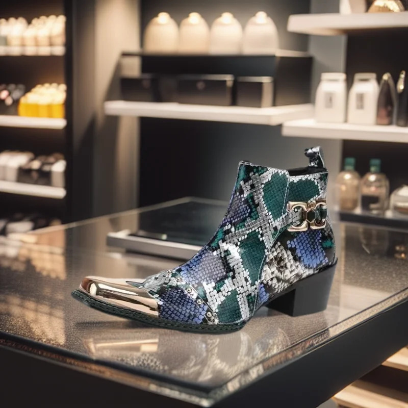 Spring Man Metal Fangtou Belt High-heeled Short boots Western Cowboy Boots Cowhide Serpentine Printing Stage show Party boots 250715
