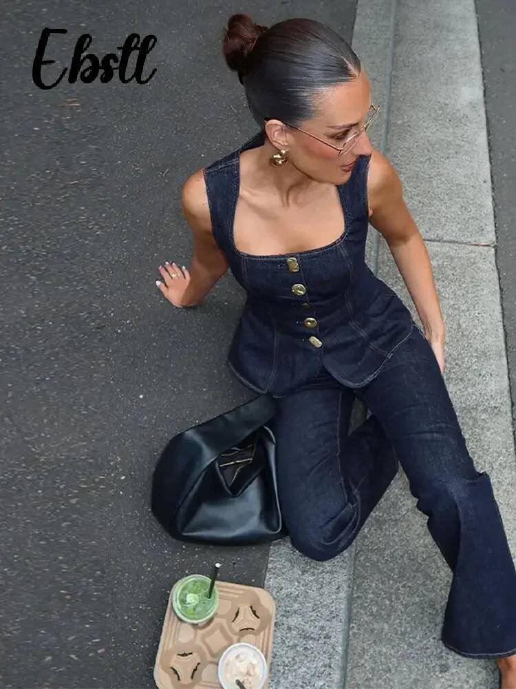 Denim Square Collar Vest Jeans Set Women's Slim Single Breasted Sleeveless Tank Top High Waist Pants 2025 New Lady Street Outfit
