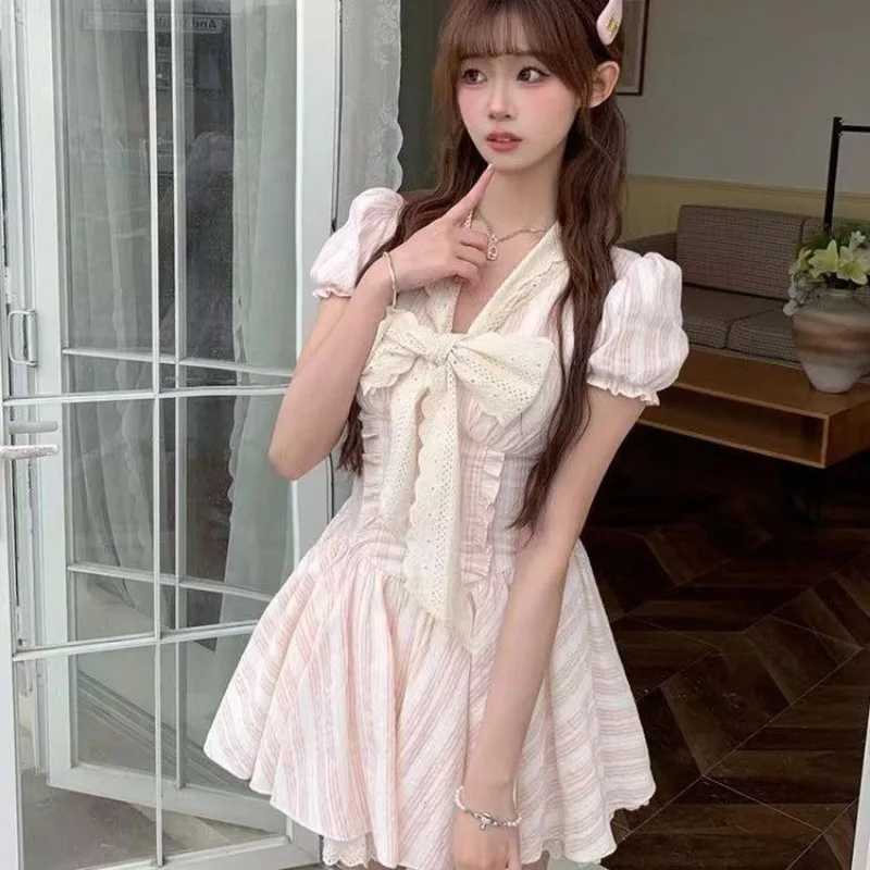 Ezgaga Womens Dress Sweet Bow Ruffles Patchwork Puff Short Sleeve Striped Summer Fashion Elegant Mini Dresses Female Princess R250716