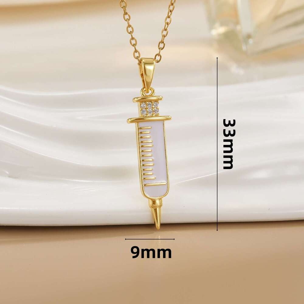 Cute Medical Creative Jewelry Copper Gold-Plated Nurse Needle Necklace Clavicle Chain Pendant 57C