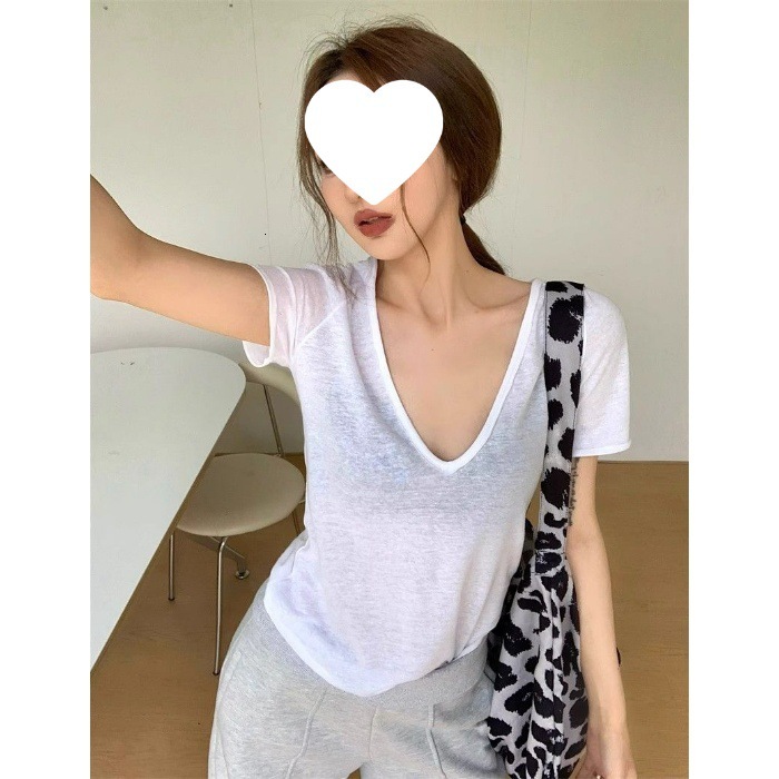 Summer New Women S T Shirt Original Tencel Fabric Thin Slightly Transparent V Neck Short Sleeve T Shirt For Women Slim Fit Casual Base Shirt New Desig