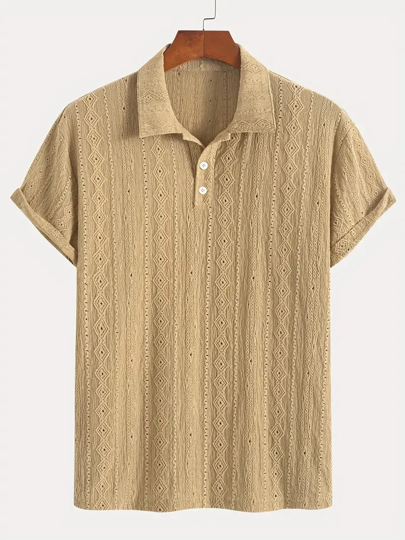 Polo Shirts For Men Streetwear Solid Color Jacquard Textured Half Buttoned Short Sleeves T-shirt Mens Basic Tops 250716