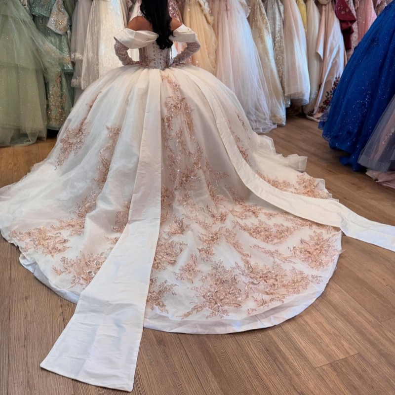 White Quinceanera Dresses Ball Gown Off The Shoulder Applique Lace Beading Crystal Bow Tull Corset Party Birthday Sweet 16 Dress Vestidos 15 Anos