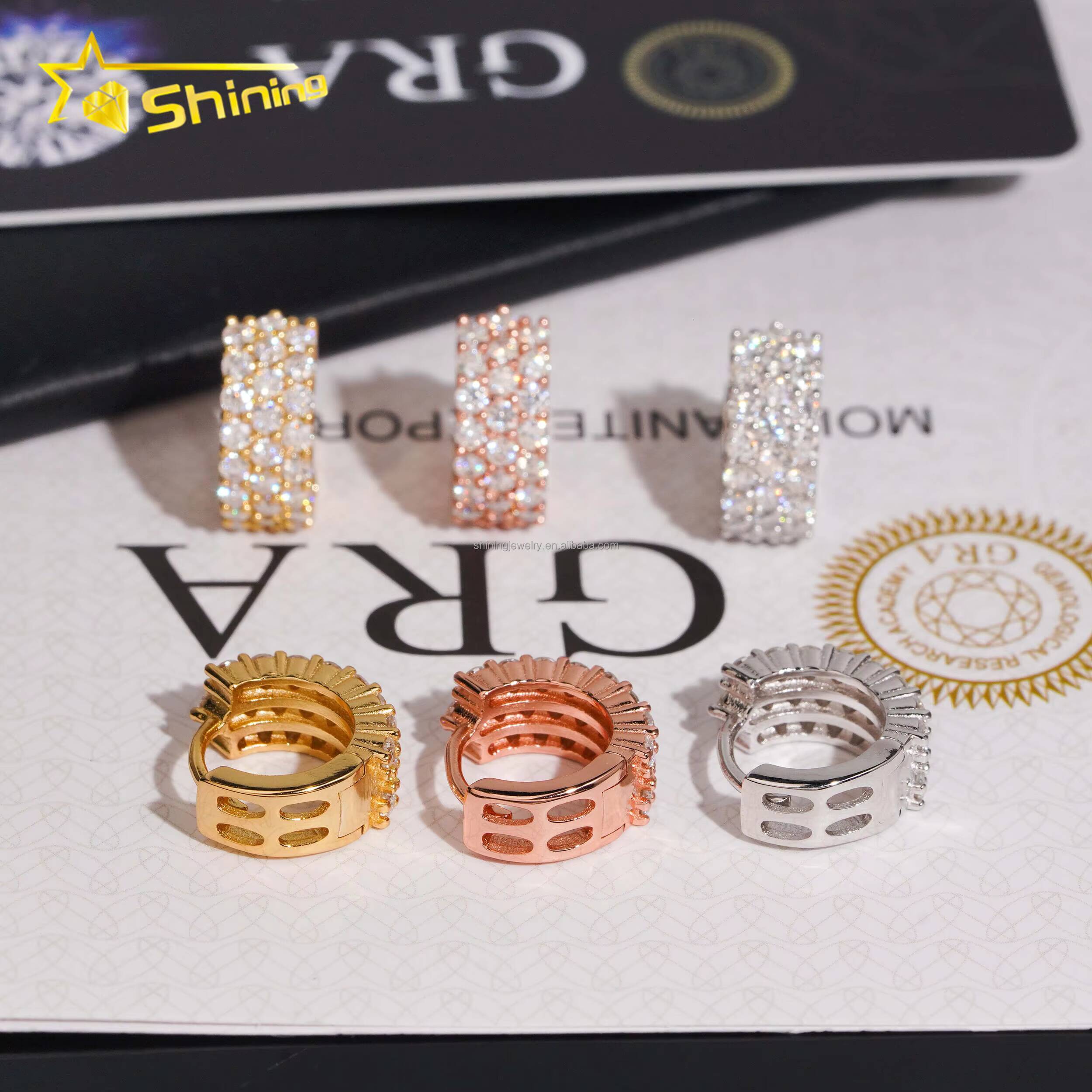 Fashion Rapper Jewelry 3Rows Vvs Moissanite Diamond Hoop Earrings Unisex Hip Hop Iced Out 925 Silver Moissanite Hoop Earrings